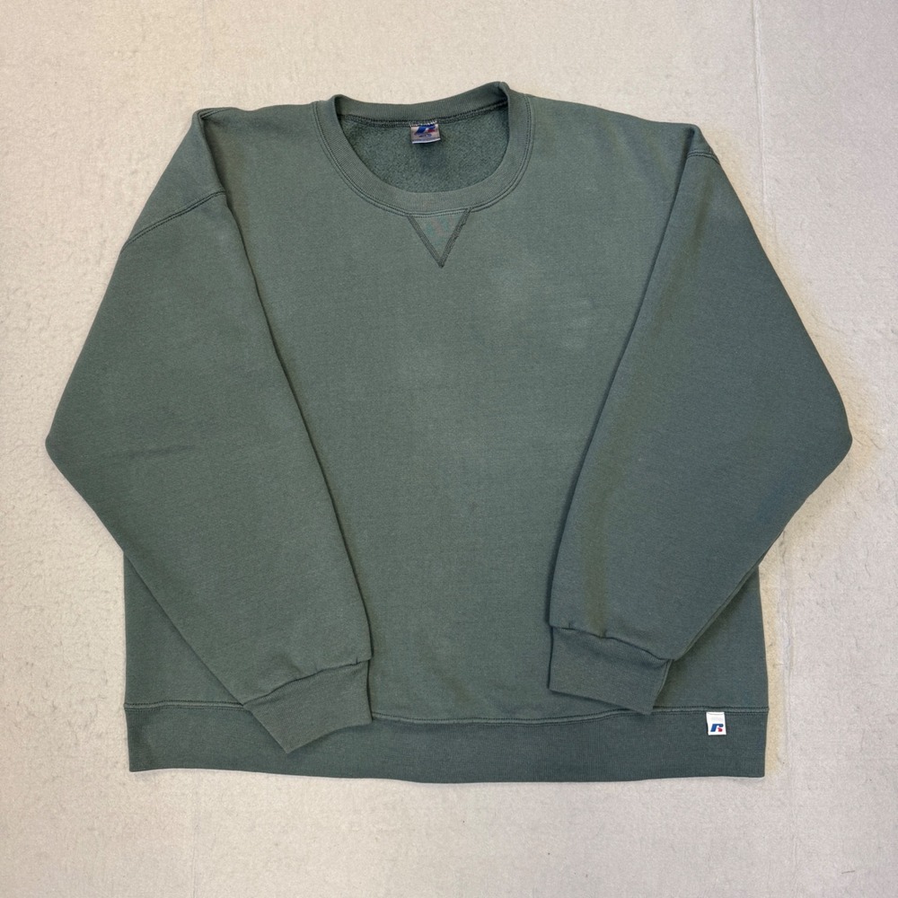 Vintage Russell Athletic Sweatshirt XL Green Heavyweight Blank Boxy Fade Y2K